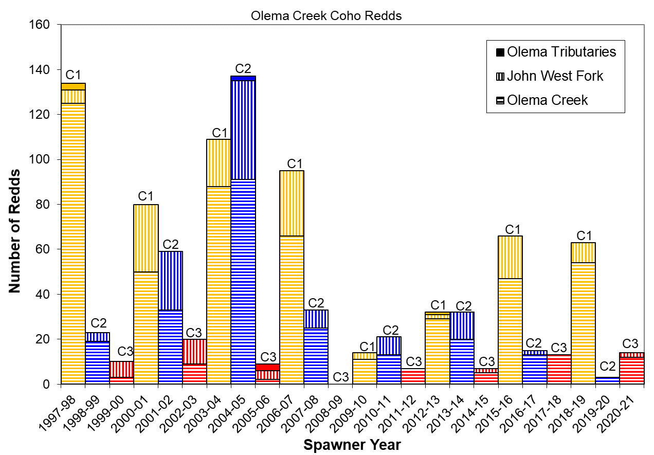 Bar graph of coho redd counts since 1997-98 showing that this winter's cohort produced a similar number of redds compared to the previous time fish of the same cohort spawned.