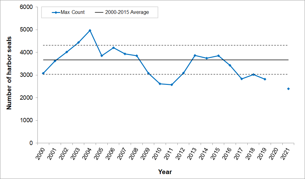 Line graph of maximum harbor seal molt counts for 2000-2021. There has been a slight decline in the number of seals during the study period. This year's count is below one standard deviation below the mean by about 500 seals. There is no point for 2020.