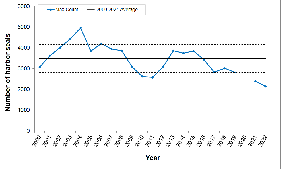 Maximum Harbor Seal Molt Counts, 2000-2022 Line graph of maximum harbor seal molt season counts for 2000-2022. There has been a slight decline in the number of seals, but most years are within one standard deviation of the mean. The lowest counts occurred in 2021 and 2022.