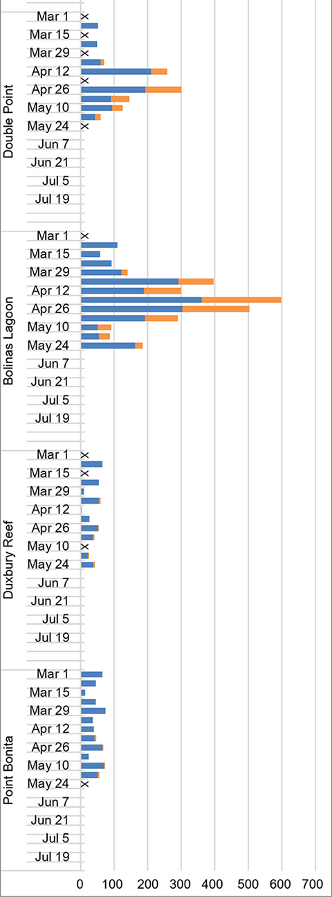 Graph of maximum harbor seal counts by site (Double Point, Bolinas Lagoon, Duxbury Reef, Point Bonita) and survey week from late February through May.
