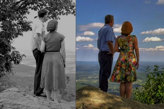Split image of a historic and modern photo of a couple overlooking a valley below