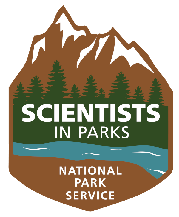 SIP logo A shield-shaped logo. The top edge is shaped like mountain peaks with snow details, a green silhouette of trees stripes across the middle, with a blue river flowing across under them. Text reads: Scientists in Parks, National Park Service.