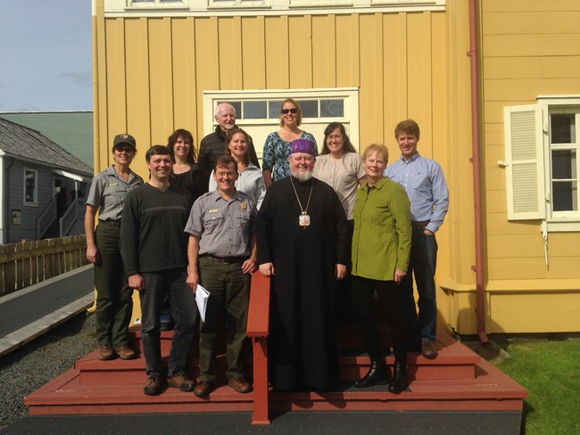 Sitka, Alaska, September 2014: Alaska Region Facilties and Cultural Resources STaff, Sitka NHP staff, and WASO OCLP staff in front of Russian Bishop’s House. Sitka, Alaska, September 2014: Alaska Region Facilties and Cultural Resources STaff, Sitka NHP staff, and WASO OCLP staff in front of Russian Bishop’s House.
