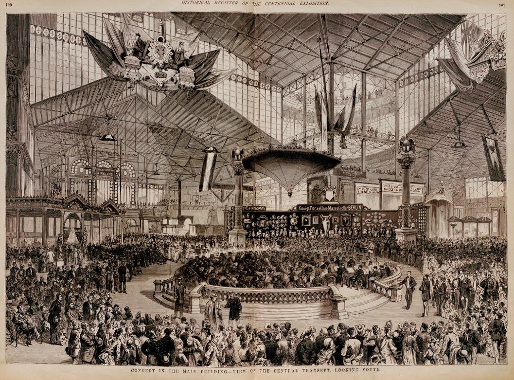 Frank Leslie's Illustrated, p. 120-121 Print of an exhibition space with high ceilings and a croud surrounding an orchestra on a central circular stage