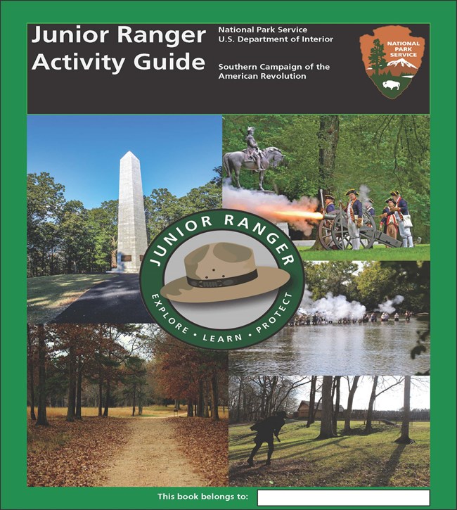 Front cover of SOCA Junior Ranger program. The cover is green with a black bar at the top. There are five photos of national parks with a Junior Ranger logo in the center.