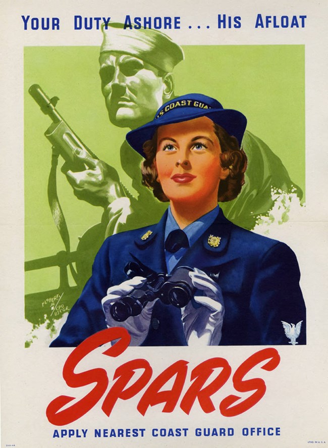 Color poster of a white woman in uniform with binoculars and a man in the background with a gun. Text includes "Your Duty Ashore...His Afloat"