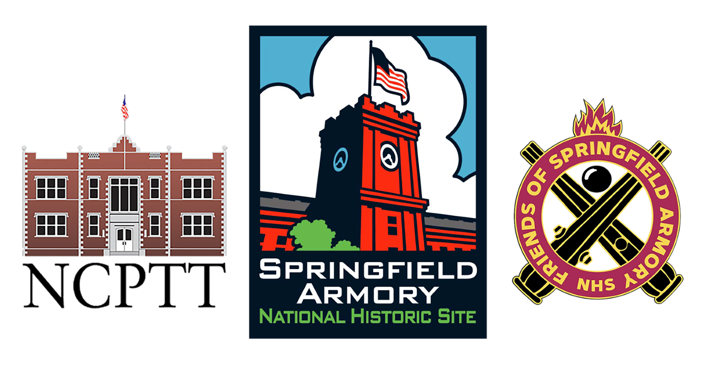 Logos for the National Center for Preservation Technology and Traning, Springfield Armory National Historic Site, and Friends of Springfield Armory