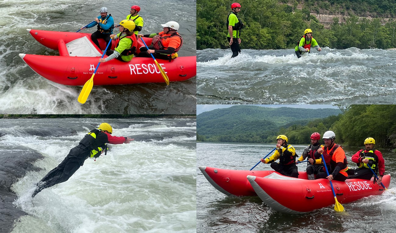 SWIM Course two photos of four people padding in a raft with helmets and lifejackets. Two photos of people with helmets and lifejackets jumping in water