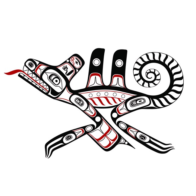 A representation of Wasgo in black, red, and white abstract.