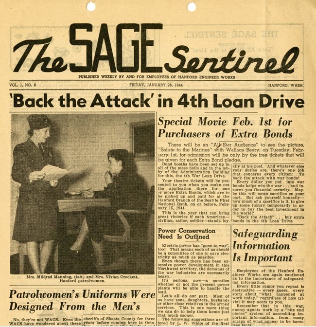 Sage Sentinel Hanford Newsletter Yellowed front page of a newsletter, the Sage Sentinal with several newstories and a picture of two women.