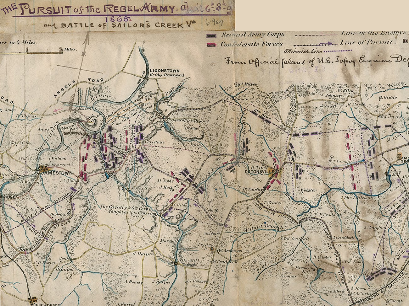 Map of Sailor's Creek Battlefield, 1865 An antique printed map of the Battle of Sailors Creek troop movements with pen-and-ink and watercolor annotations.
