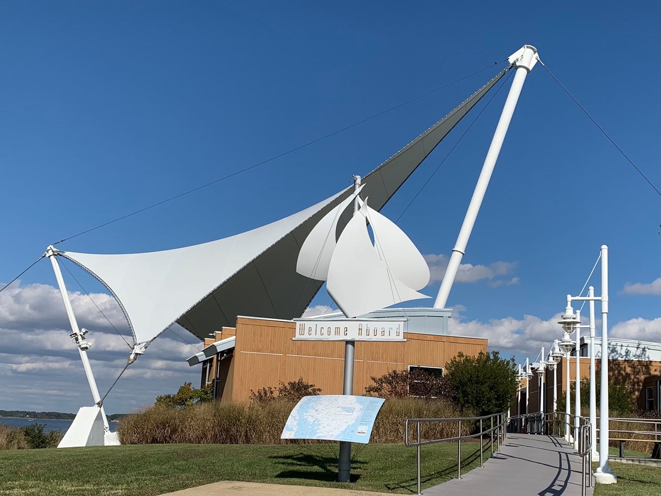 Sailwinds1 A visitor center with large white canvas tops that looks like sails.