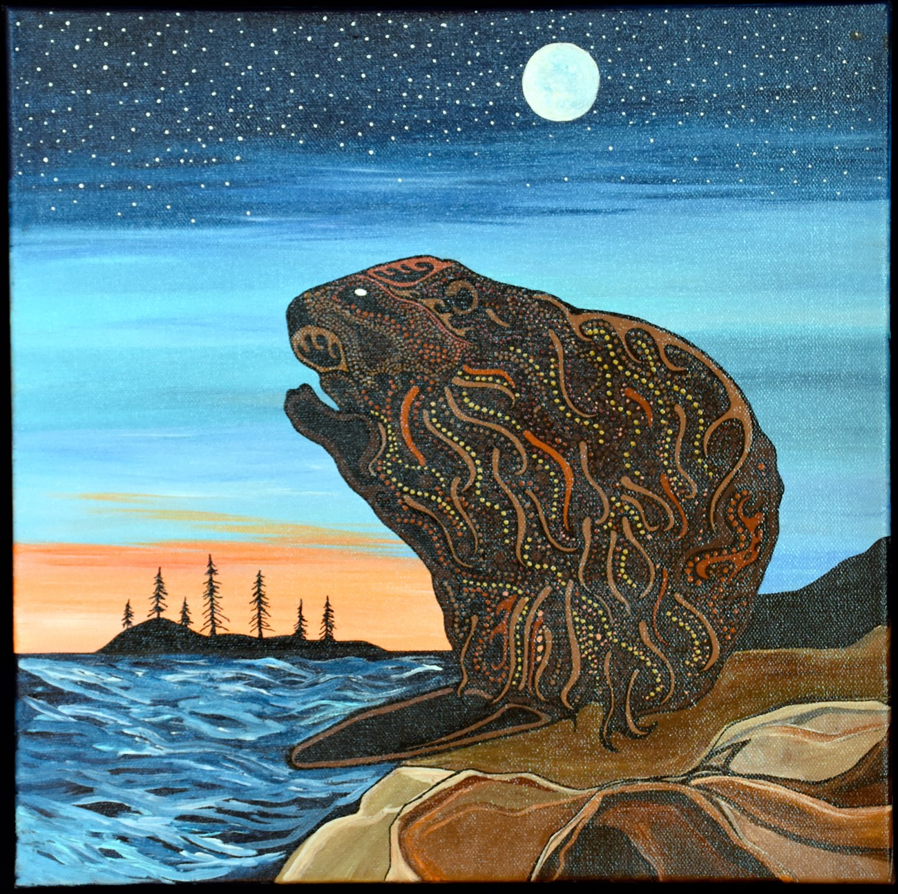 Gichi-Onigaming Amik / Grand Portage Beaver Painting of a beaver sitting on a rock at the edge of a lake with a sunset sky in the background.