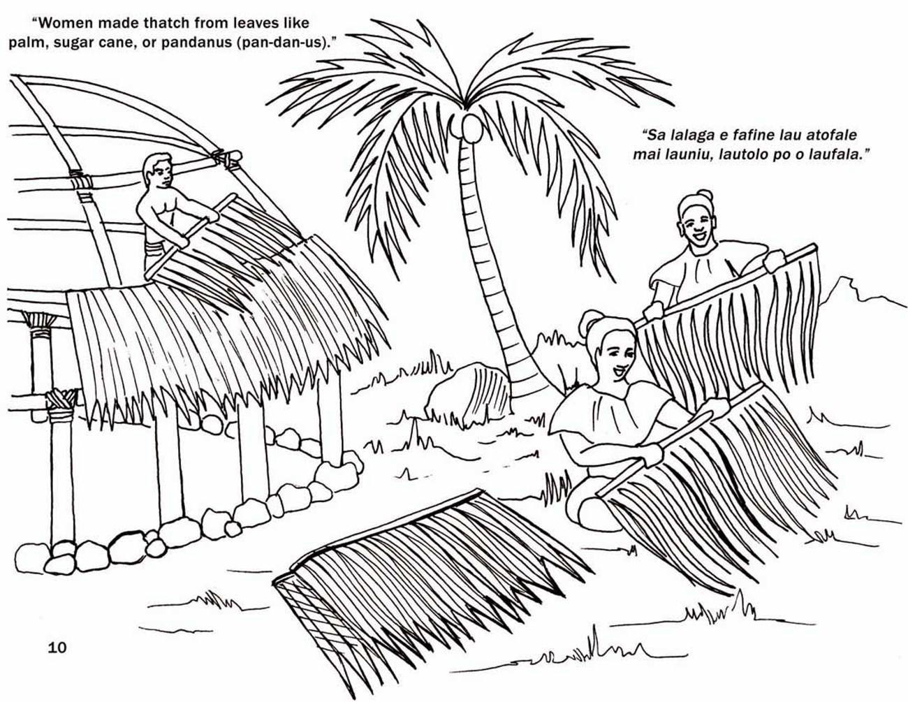 Page 10 Two women make thatch for the roof of a hut on the right.