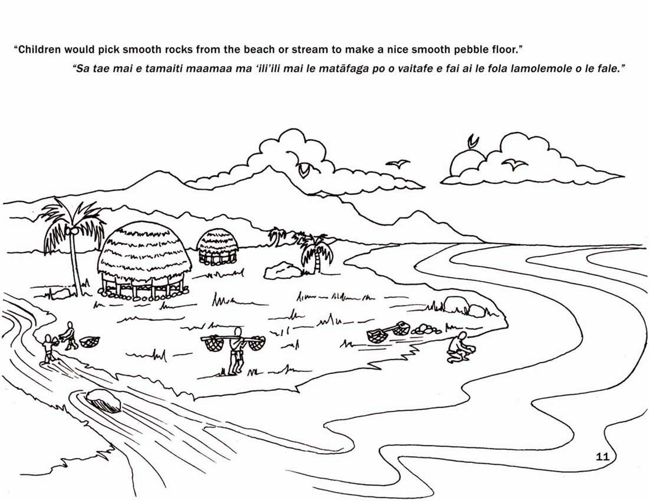 Page 11 Aerial view - people working in a stream flowing toward a beach. Two huts in background.