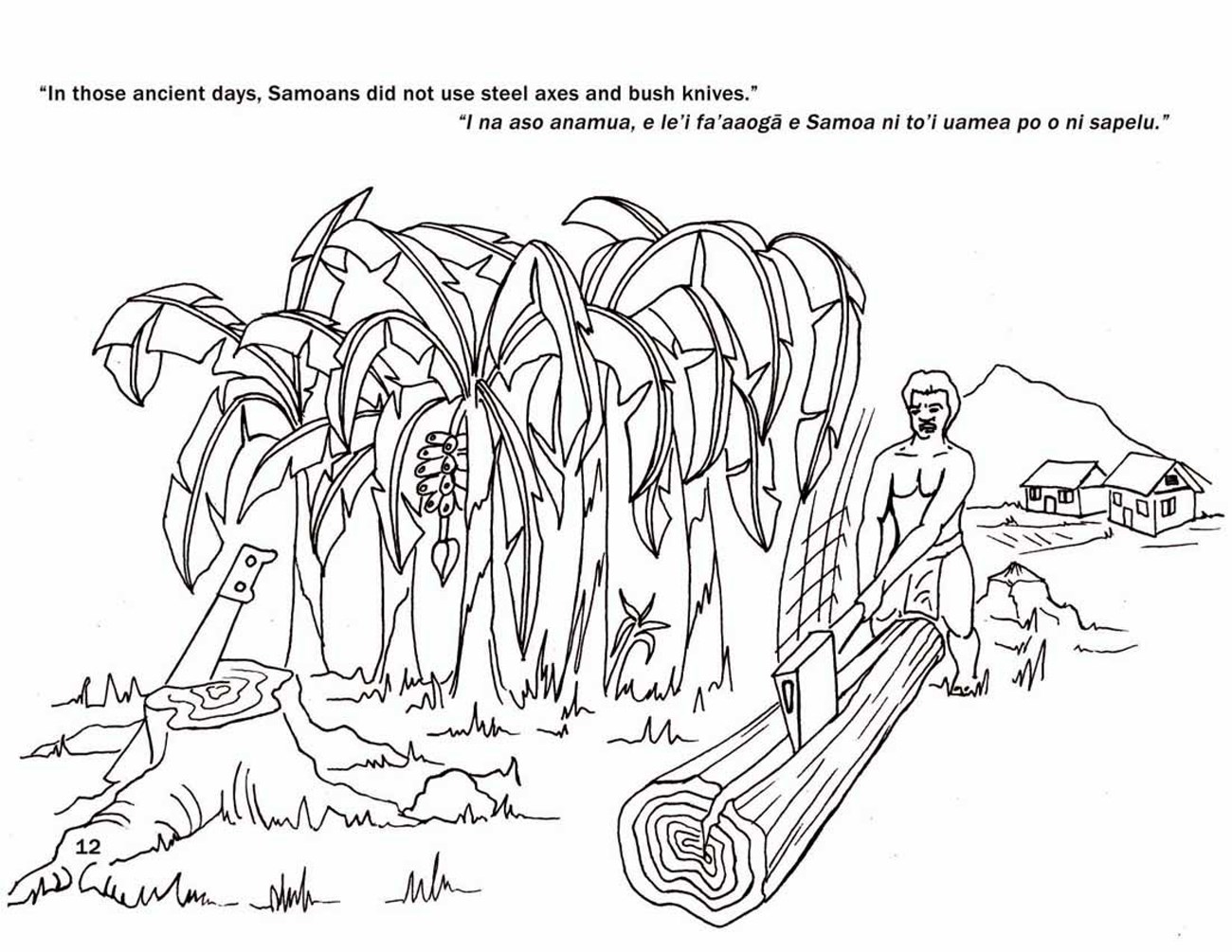 Page 12 On left a bush knife rest in a stump and a man uses an axe to split a log next to a grove of trees. Two houses are in the background.