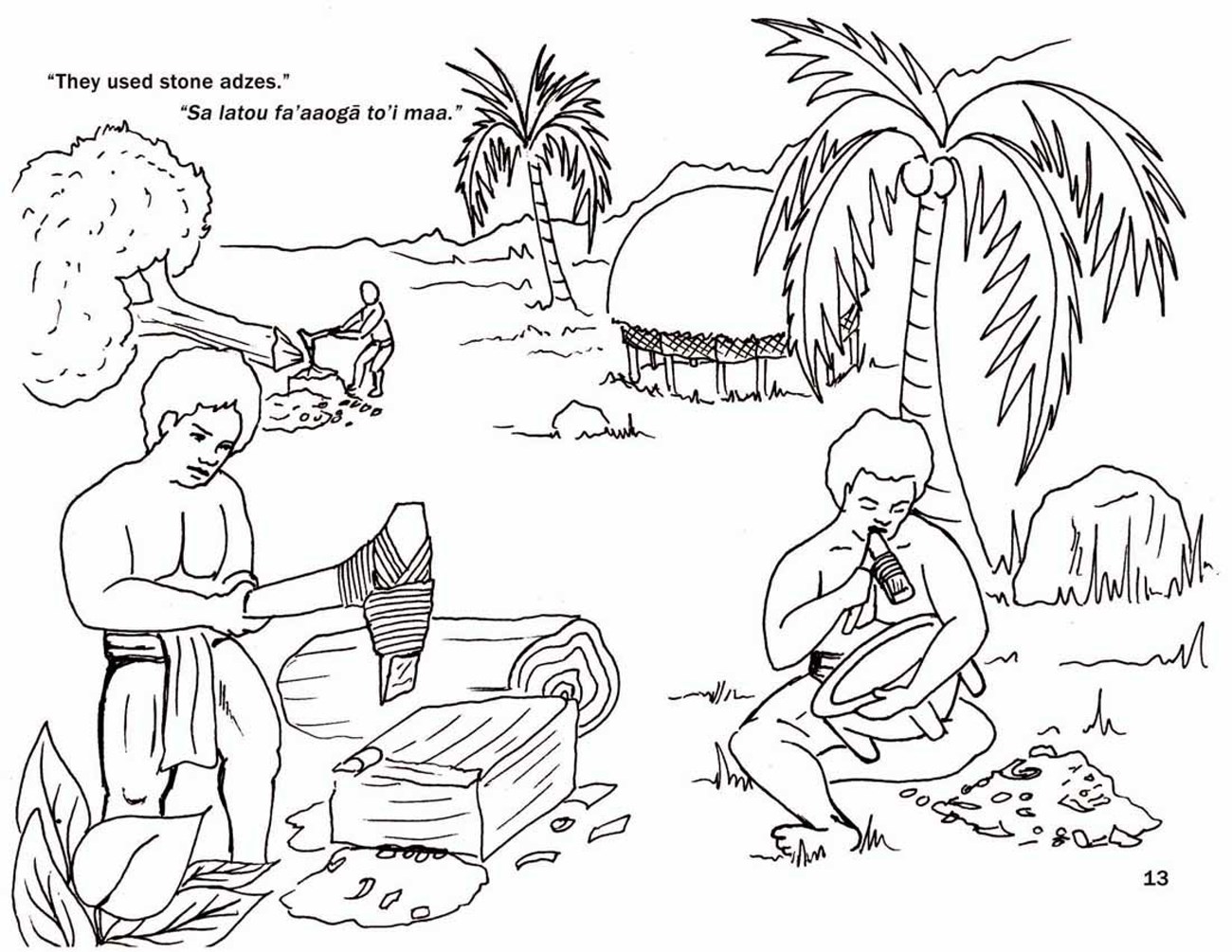 Three people using adzes – cutting down a tree, shaping a log, and making a bowl.