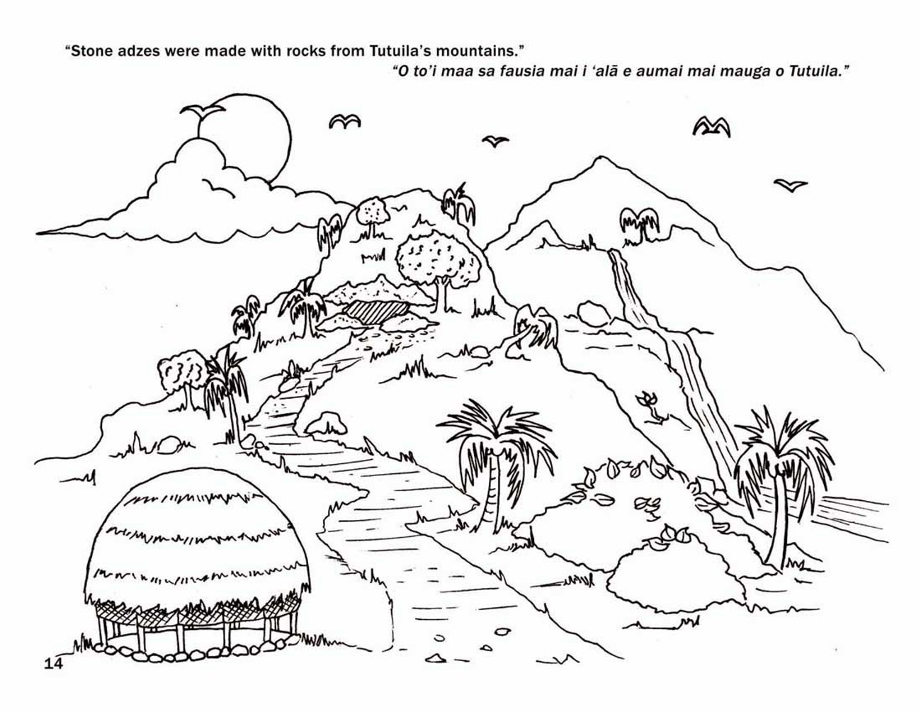 A hunt is on the left in the foreground next to a path leading to the mountains. A stream flows down the hillside on the right.