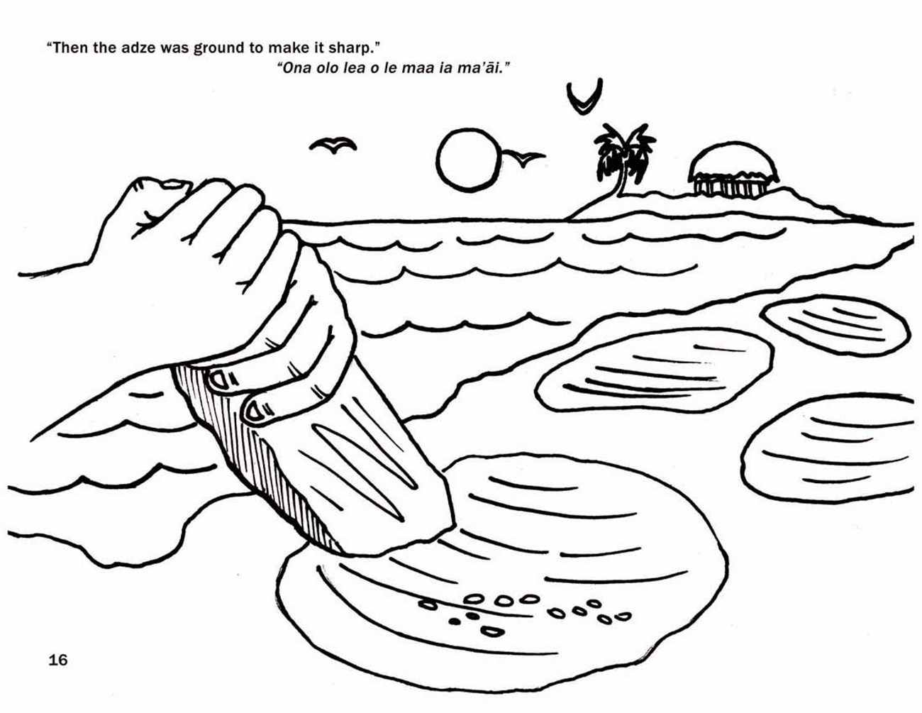 Page 16 Two hands holding an adze blade against another stone on a beach.