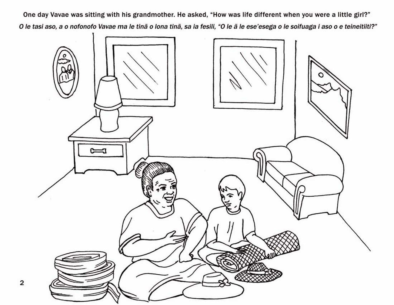 Page 2 A woman and child sit on the floor of a living room.