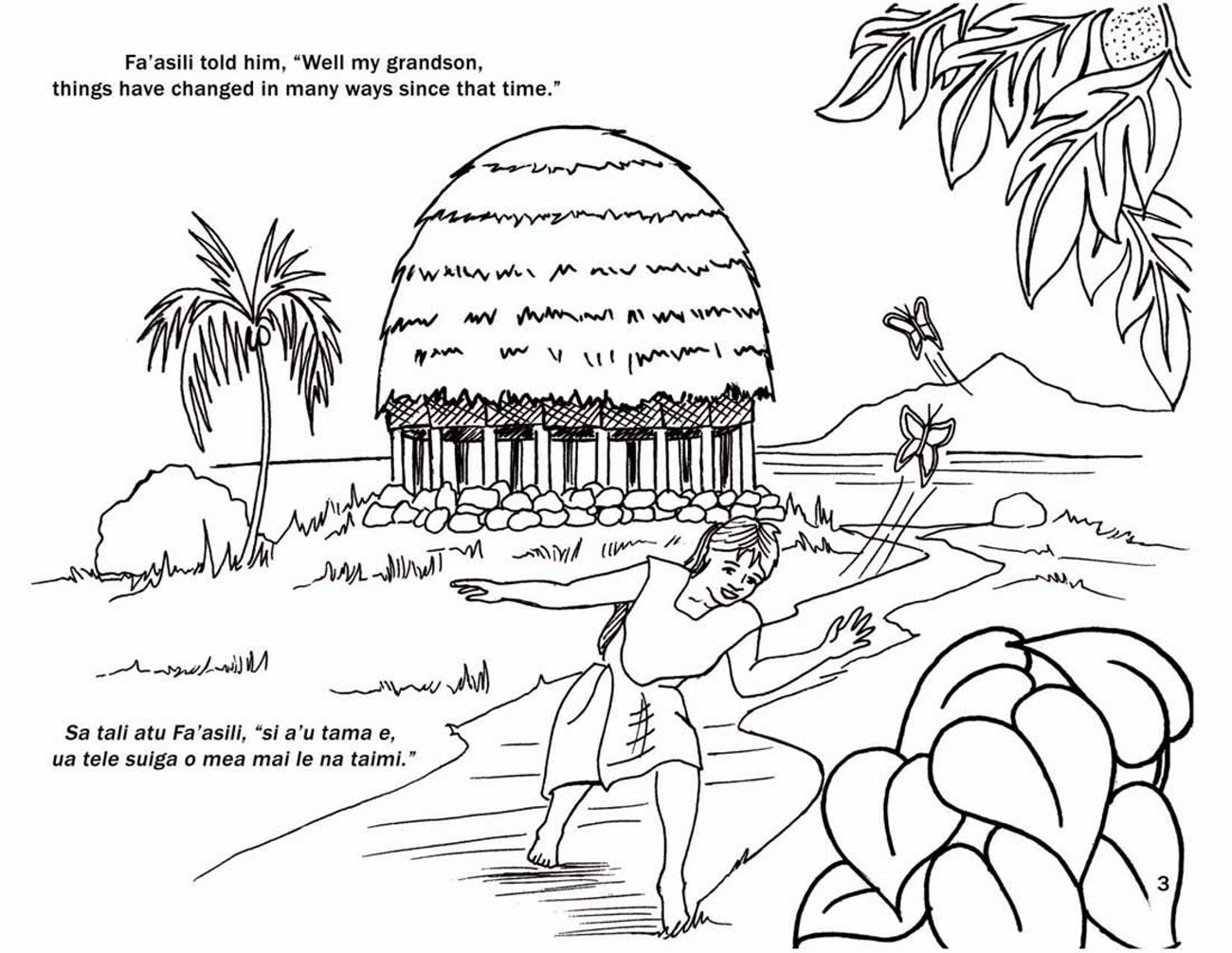Page 3 A young girl running on a path in front of a domed hunt on elevated on pillars.