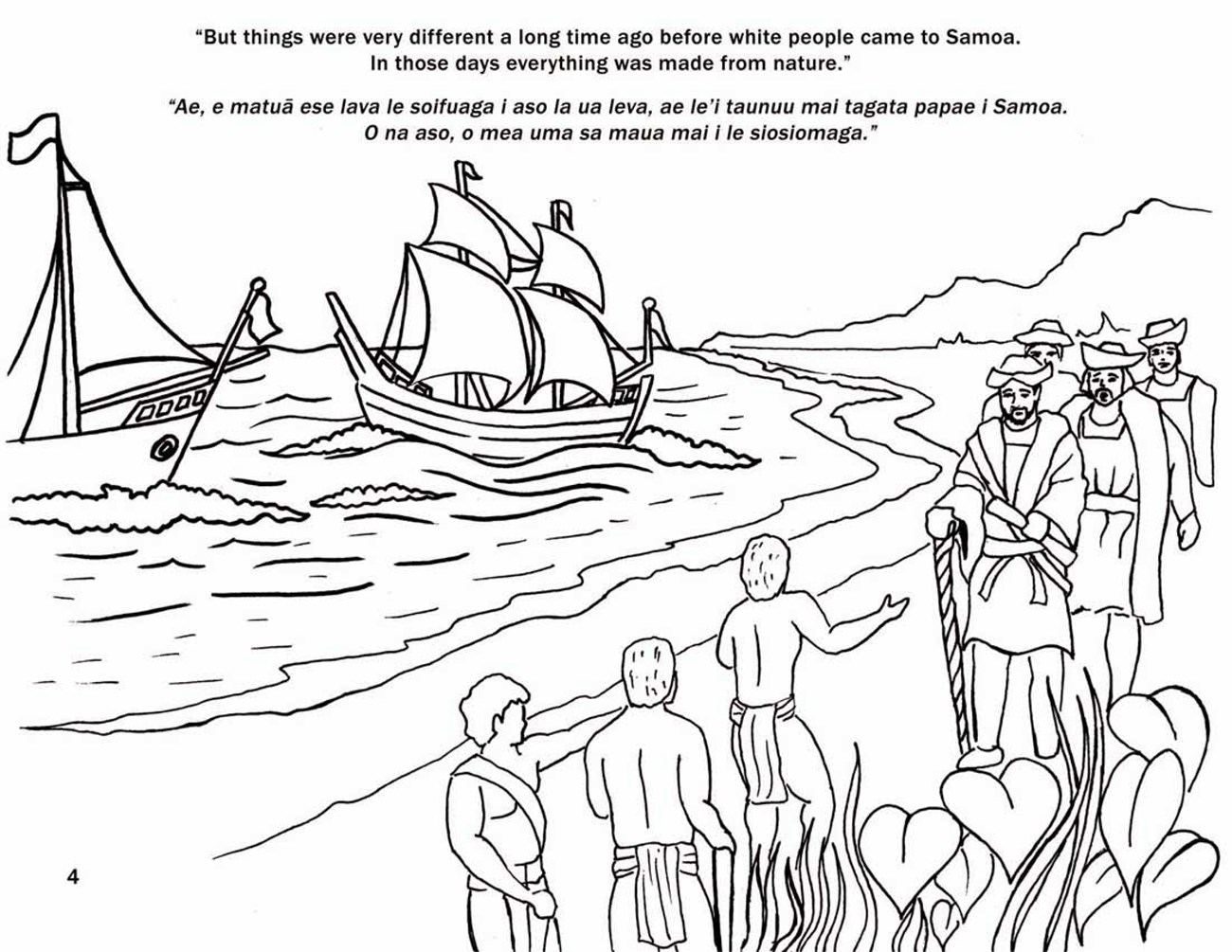 Page 4 Four men walk up to three men on the beach. Two large sailboats float in the bay on left.