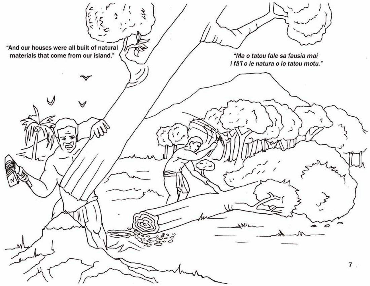 Page 7 One man chops down a tree while another removes a branch from a felled tree.