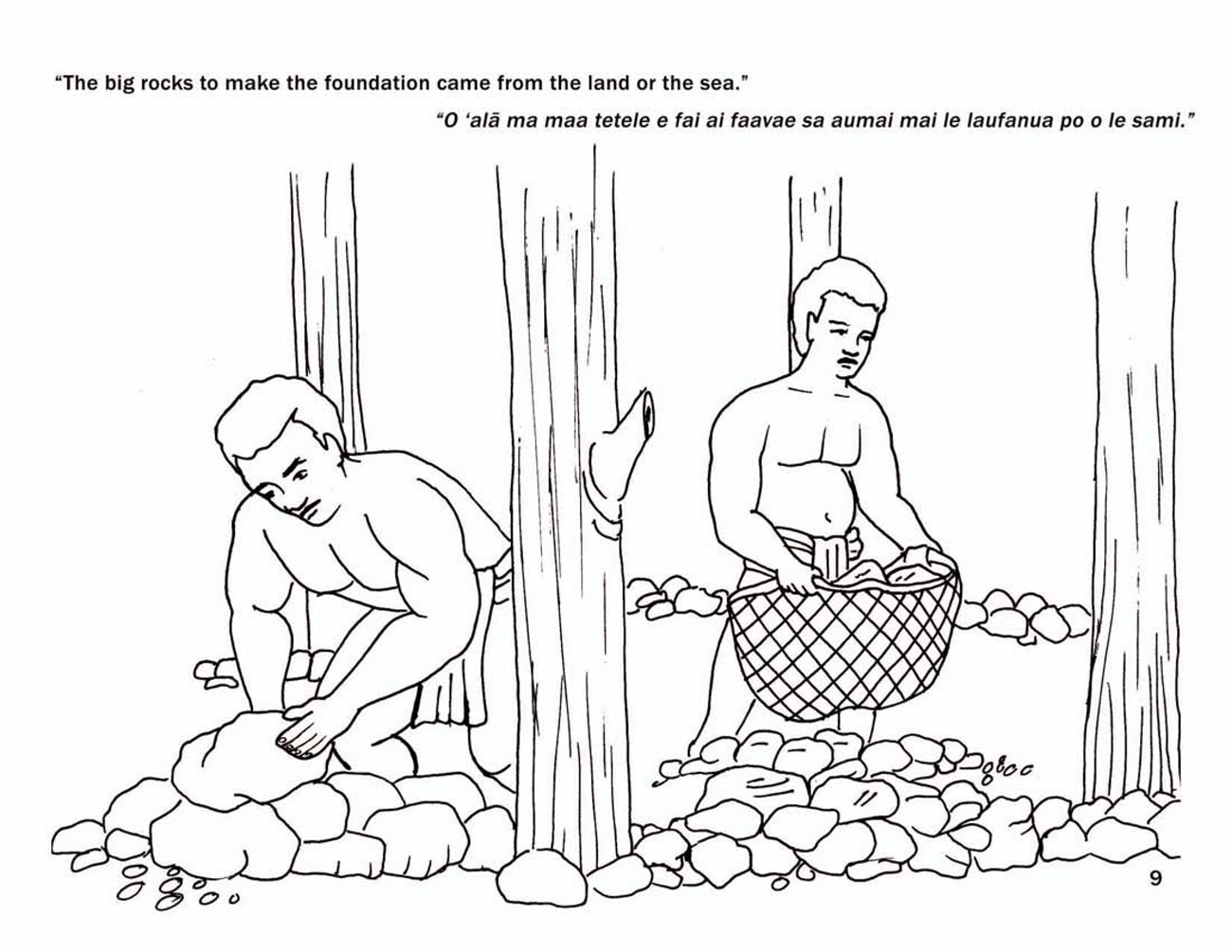 Page 9 Two men place rocks around the base of four posts.