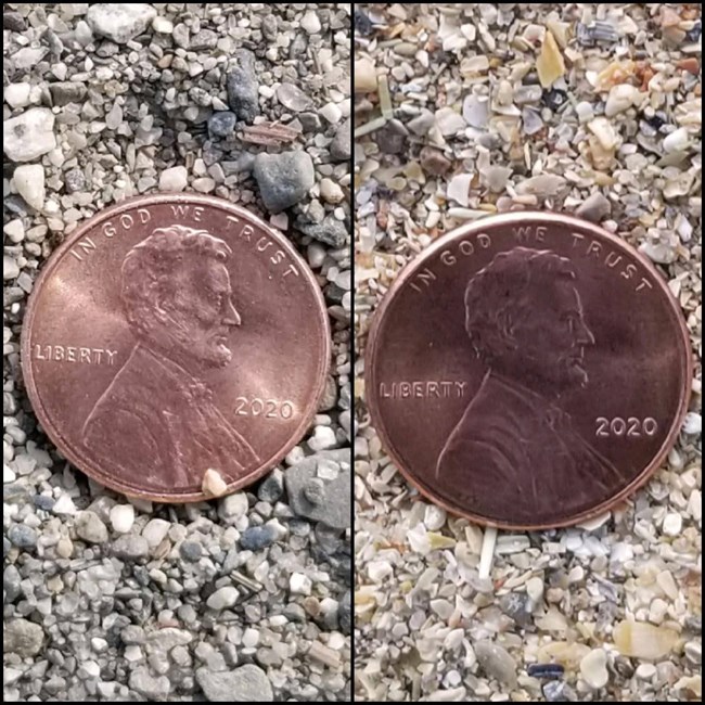 Two side by side images of sand with a penny for scale