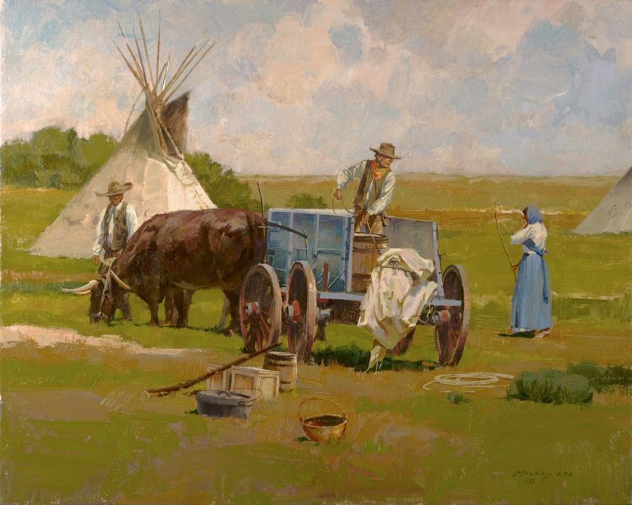 Several people doing work near an oxen-pulled wagon with a tent shelter in the background