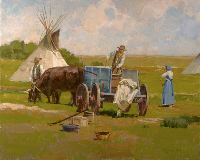 Santa Fe Traders at Bent's - Kim Mackey Several people doing work near an oxen-pulled wagon with a tent shelter in the background