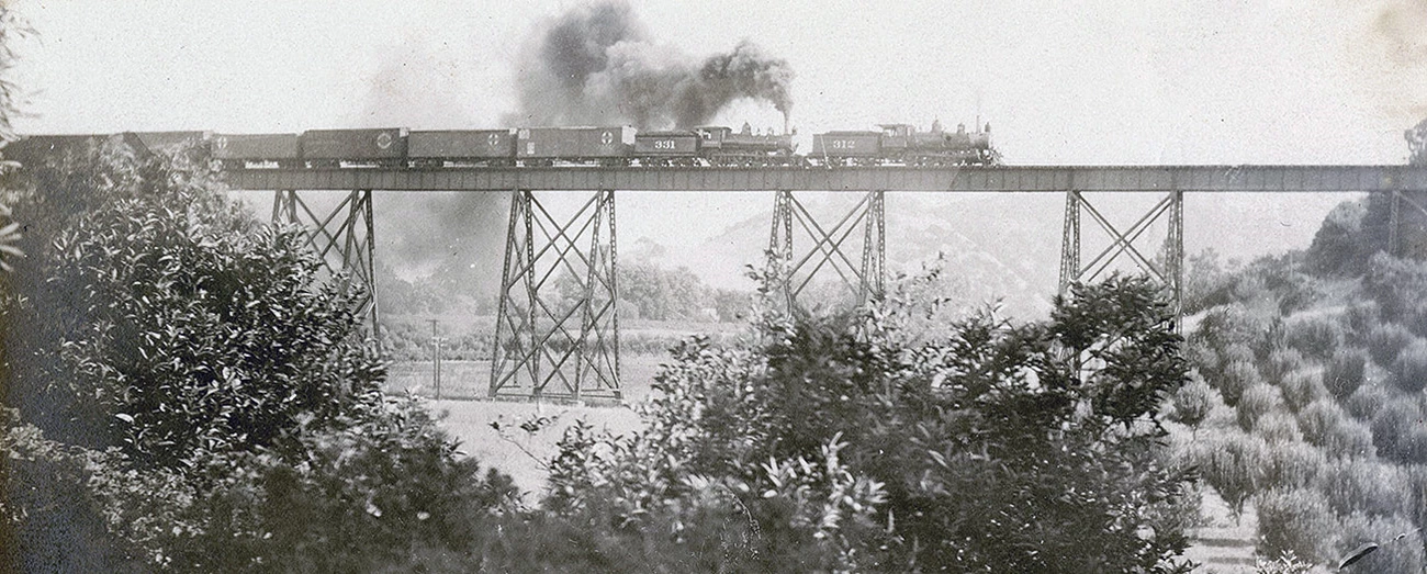 Santa Fe railroad trestle in Martinez, CA Steam locomotive with eight car crosses raised train trestle passing through orchards.