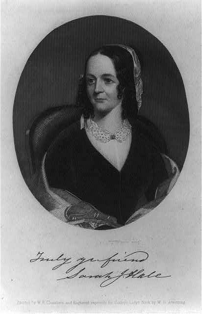 Engraved portrait of a middle-aged woman with the signature of Sarah Josepha Hale below.