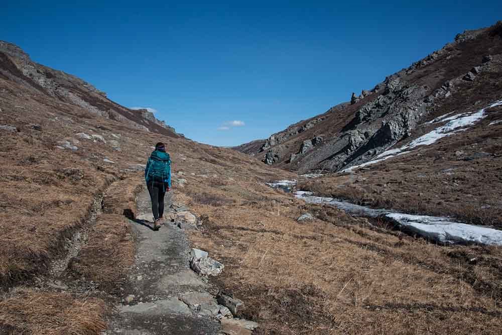 A backpacker walks along a rustic trail.