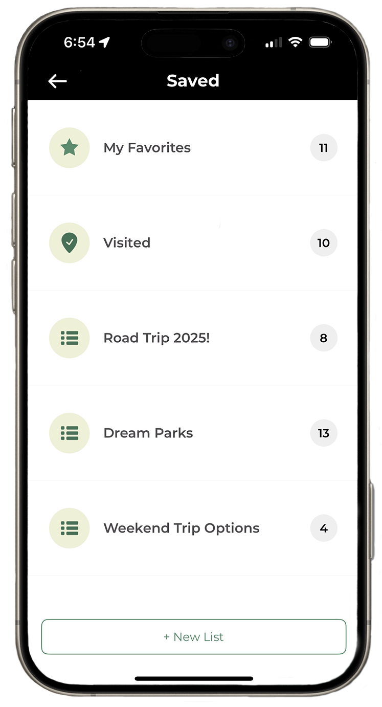 The Saved Lists on the NPS App showing a few lists including Visited and My Favorites.