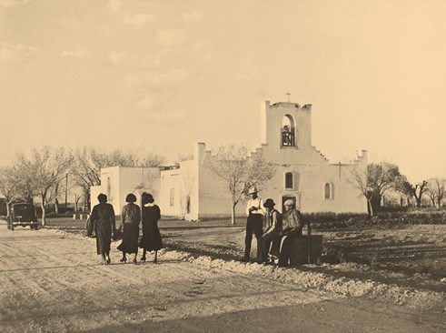 The Socorro Mission, c. 1925-30. The original wall around the mission has been removed. Photographer unknown. Courtesy Skip Clark Collection