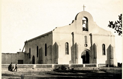 The San Elizario Chapel c. 1920-30, with its familiar rounded bell tower. Photographer unknown. Courtesy Skip Clark Collection