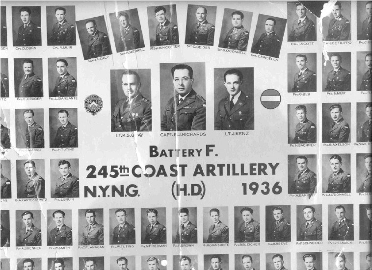 a 1936 yearbook page with portraits of soldiers from the Battery F 245th Coast Artillery