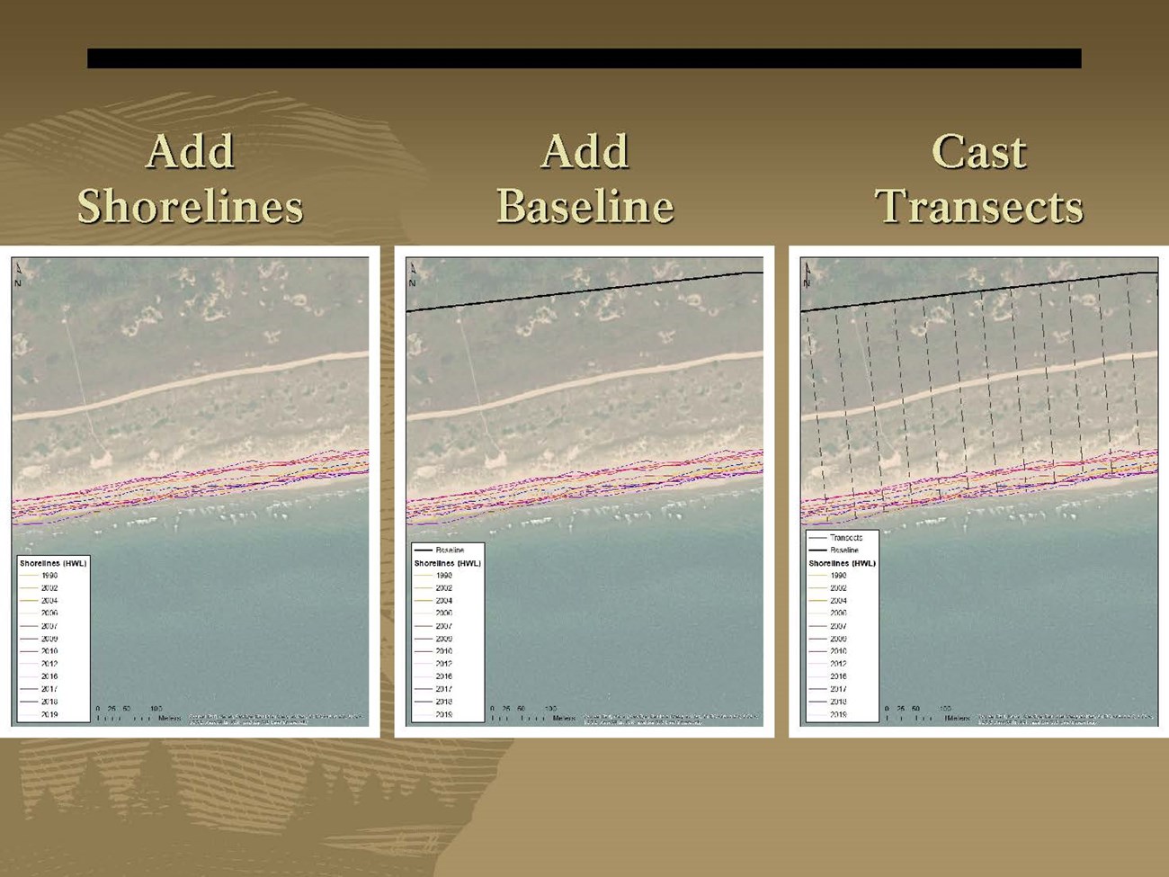 Scientists Training presentation - Schmidt Flynn_20220124_Page_17 3 shoreline position photos with add shorelines, add baselines and cast transects