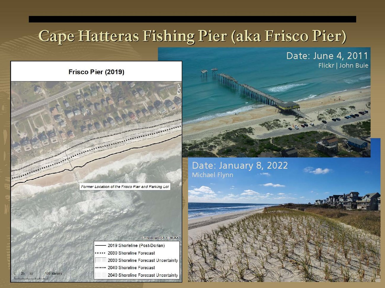 Scientists Training presentation - Schmidt Flynn_20220124_Page_19 photos of shoreline with solid and dotted black lines, a damaged pier and a sparsely vegetated sand dune