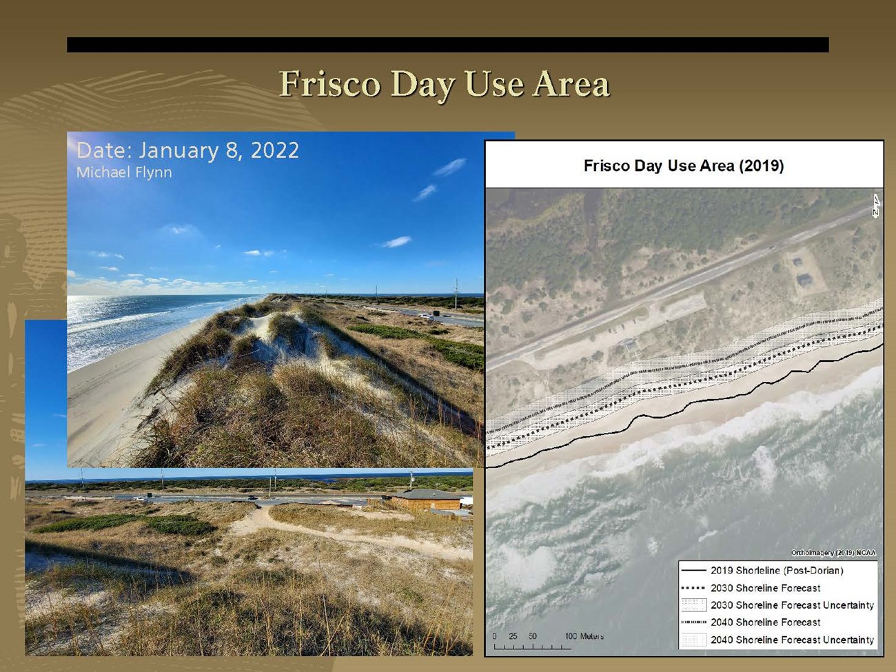 Scientists Training presentation - Schmidt Flynn_20220124_Page_21 photos of dunes and a map of beach with solid and dotted black lines