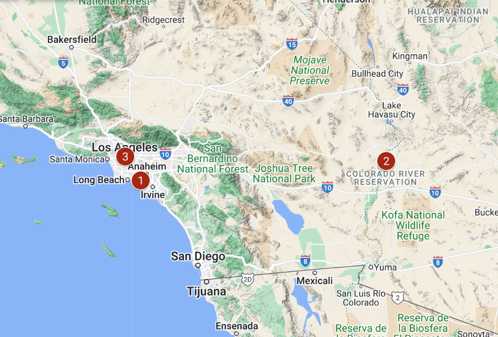 Entangled Inequalities map Map of southern California, western Arizona, and the northern portion of the Baja California Peninsula. The locations of the Munemitsu Farm, Poston War Relocation Authority camp, and US Courthouse and Post Office are represented as numbered red circles.