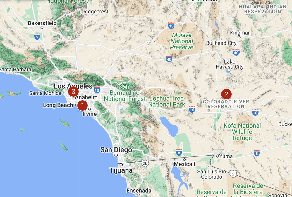 Map of southern California, western Arizona, and the northern portion of the Baja California Peninsula. The locations of the Munemitsu Farm, Poston War Relocation Authority camp, and US Courthouse and Post Office are represented as numbered red circles.