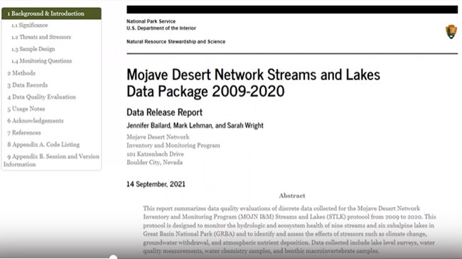 Screenshot of presentation slide about Mojave Desert Network Data Package Presentation slide showing the title and abstract for a Mojave Desert Network Streams and Lakes Data Package and Data Release Report