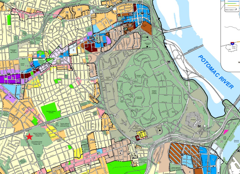 Bottom, Map 1: Arlington Hall, designated by a red star. Today the site is the National Foreign Affairs Training Center. On the map, Arlington National Cemetery and the Pentagon are to the east, and Washington D.C. is across the Potomac River. Bottom, Map 1: Arlington Hall, designated by a red star. Today the site is the National Foreign Affairs Training Center. On the map, Arlington National Cemetery and the Pentagon are to the east, and Washington D.C. is across the Potomac River.
