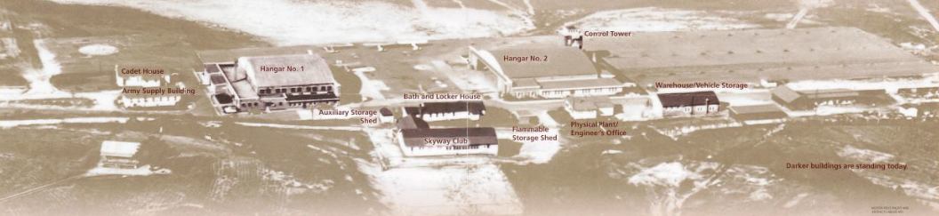 Moton Airfield (The darker buildings are standing and part of the site today.) Hanger No.2 is reconstructed; a hangar is a closed building structure that holds aircraft. Moton Airfield. There are 12 buildings pictures with text of their names above it.