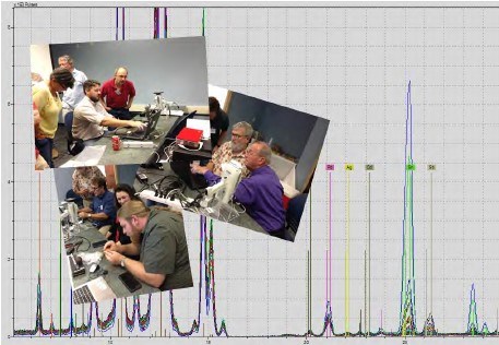 Three photos of teams of scientists working