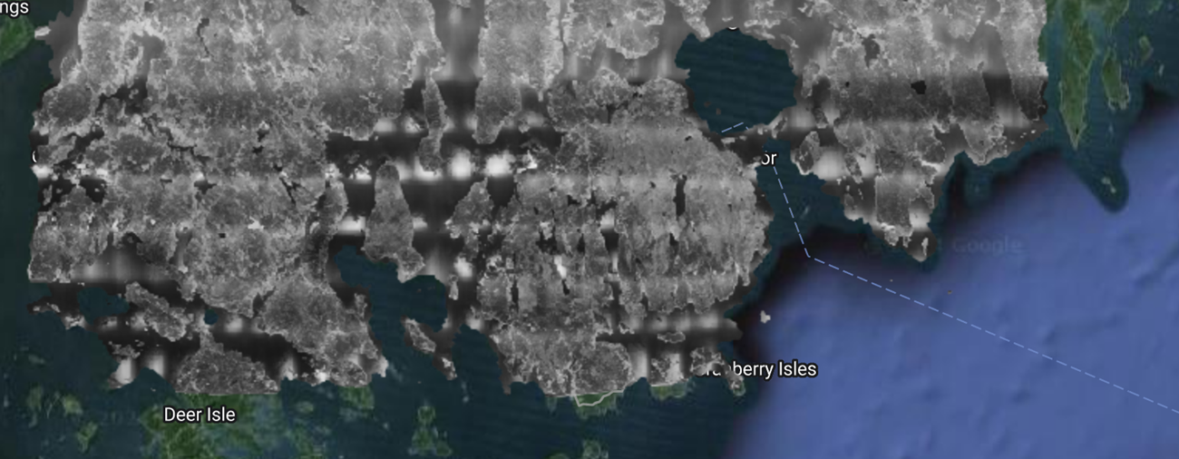 Maine's historic midcoast recreated Satalite photo of Maine's midcoast, with the land in black and white as replicated from historic photos