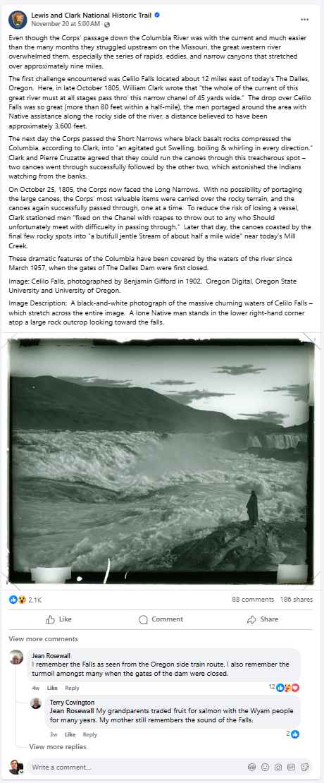 LECL_Facebook_Screenshot A screenshot of a Facebook post with a black and white photo of a waterfall
