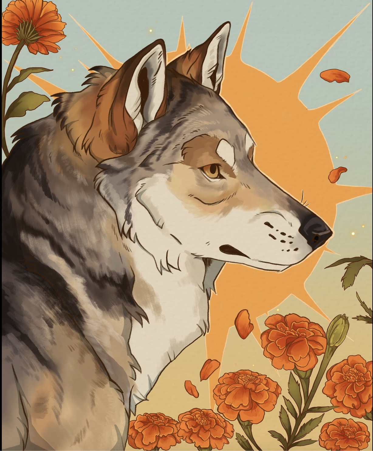 A colorful, digital illustration of a coyote